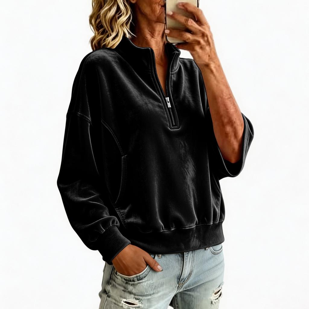 Damen Casual Samt Stehkragen Sweatshirt Langarm Farbe Pullover