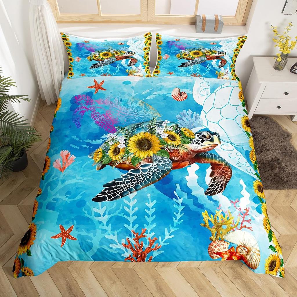 Sea Turtle Duvet Cover Full Size,Ocean Bedding Set for Kids Teens,Beach Comforter Cover,1 2 Pillowcases 3 Piece for Teens Boys