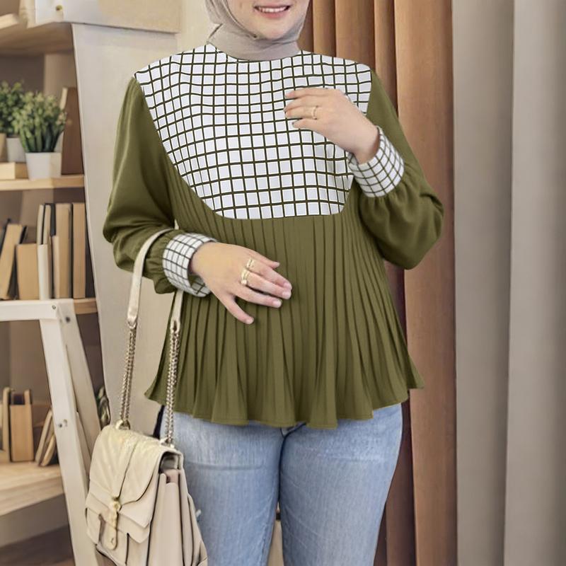 ZANZEA Women Casual Round Neck Plaid Print Patchwork Long Sleeve Blouse