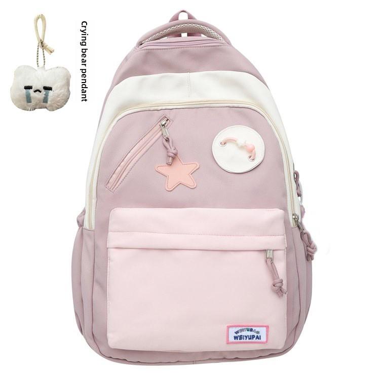 Blocked Cute Color Star Collage Student Backpack And Shoulder Bag With Pendant