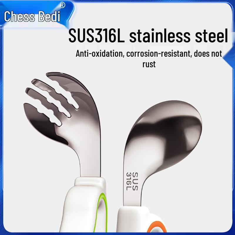 Infant Training Silicone Spoon & Fork Set - Stainless Steel, Short Handle, Bent Head for Learning To Eat