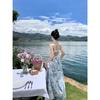French Backless Suspender Blue Floral Dress Seaside Photo Vacation Dress Back Bow Dress Women's Summer