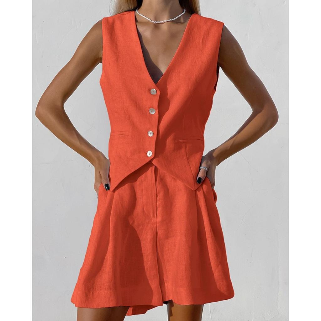 Women's Loose Fit Two Piece Co-ord Set Sleeveless Linen Vest High Waist Bermuda Shorts Suit