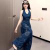 French Blue Retro Seaside Vacation Style Temperament V-neck Suspender Dress Children's Autumn Waist and Thin Dress