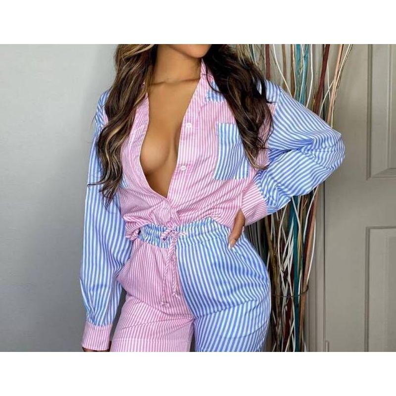 

Split Striped Shirt and Shorts Set Patchwork Stripes Shirt and Shorts Suit Women C XL(XL)