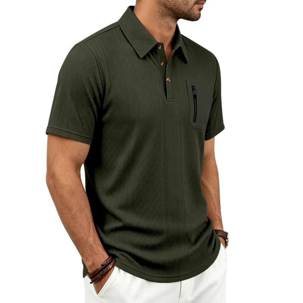 Men's Jacquard Casual Loose Fit Business Short Sleeve Polo Shirt with Collar Pocket and Zipper Detail Suitable for Daily Wear