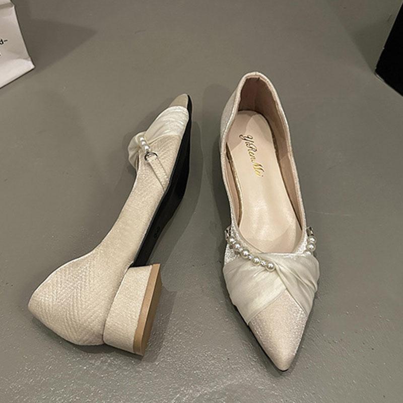 Fashion Comemore Shallow Mouth Pearl Fashion Women's Shoes Spring Summer New Thick Low Heel Pumps for Women Casual Pointed Single Shoes
