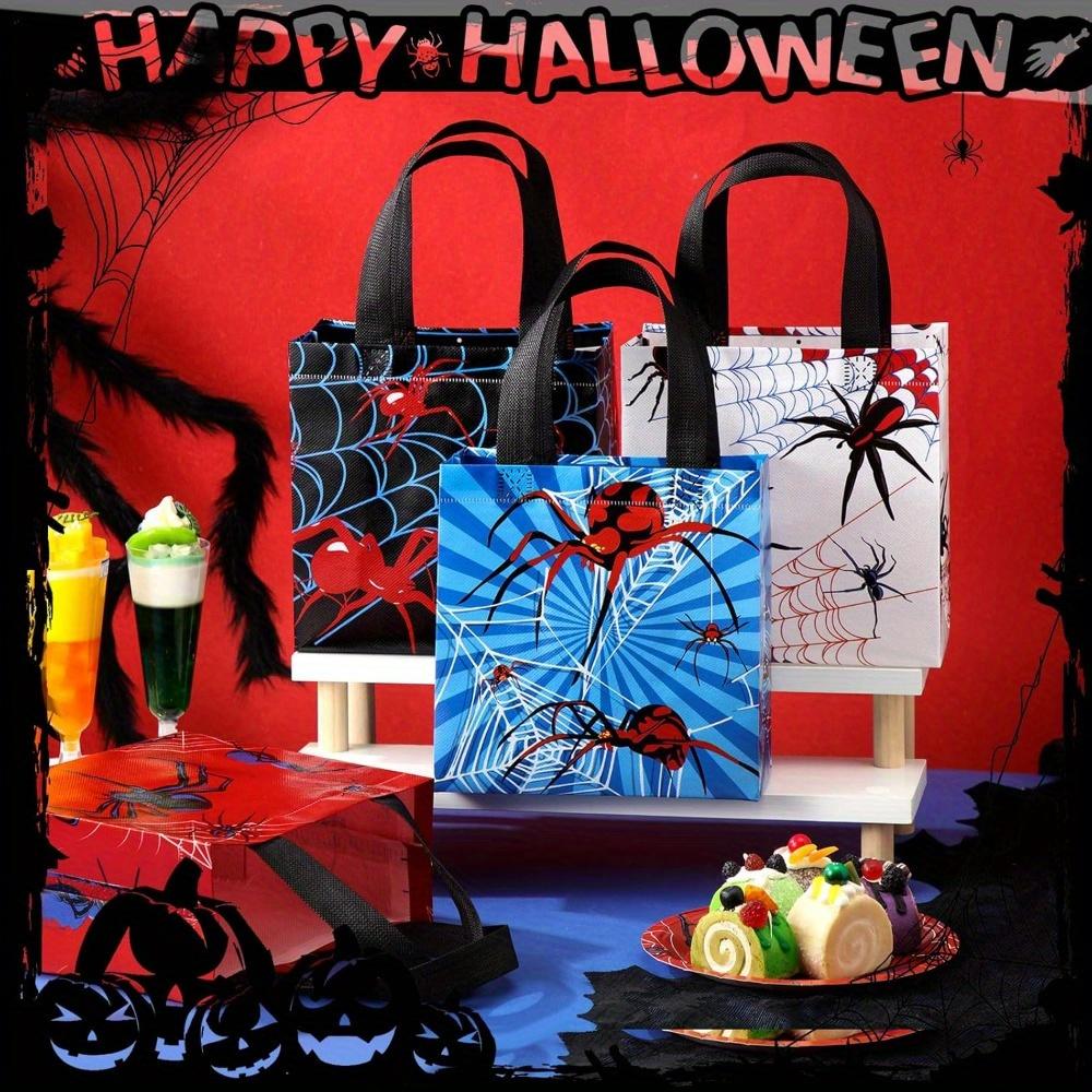 15pcs Spider Party Favor Bags Spider Web Goodie Bags Reusable Non-woven Bags Bulk with Handles for Halloween Party Supplies Spider Web Print Tote Bag