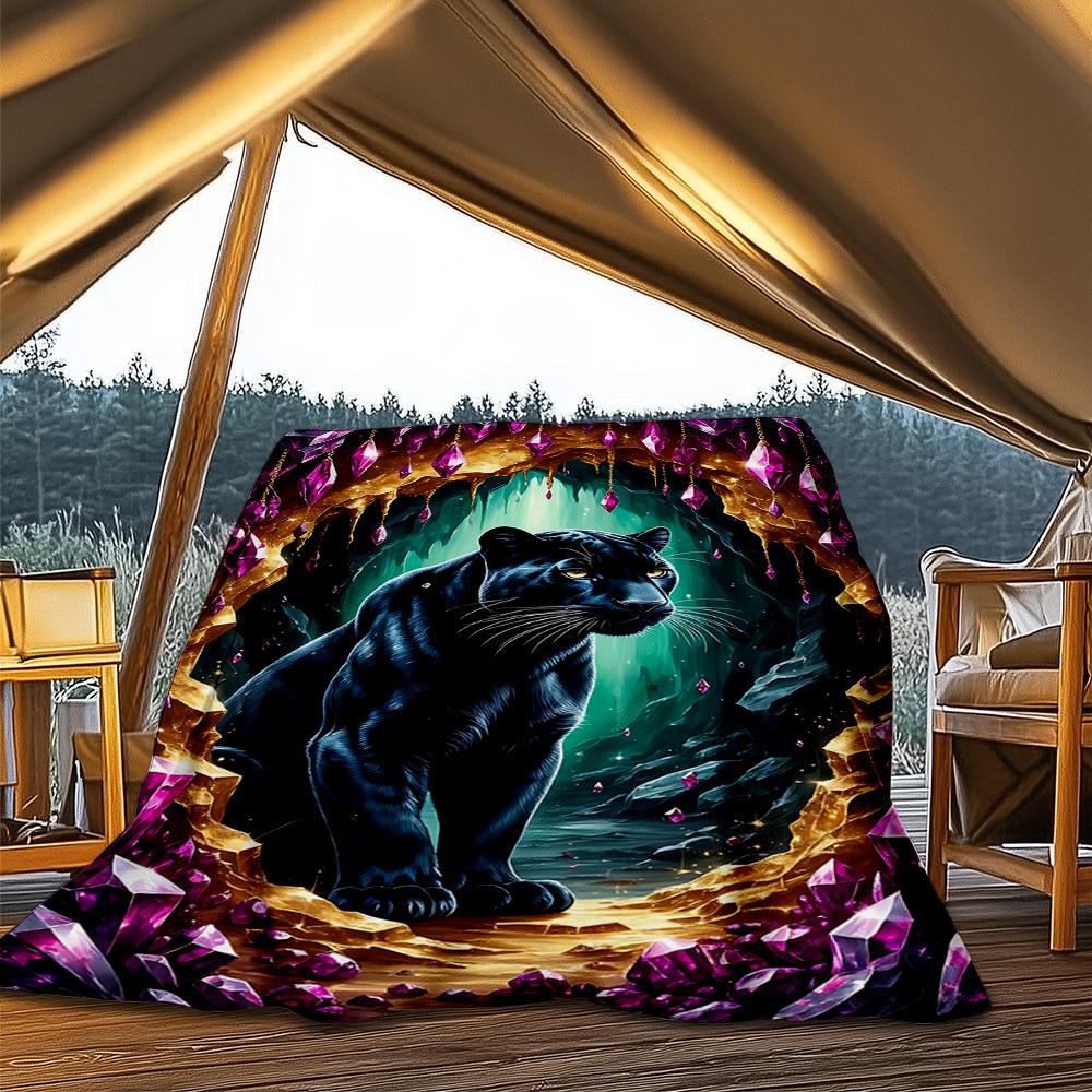 1pc Black Panther Crystal Throw Blanket Polyester Fiber, Lightweight Flannel, Soft & Warm, All Season Use for Outdoor, Camping Digital Print