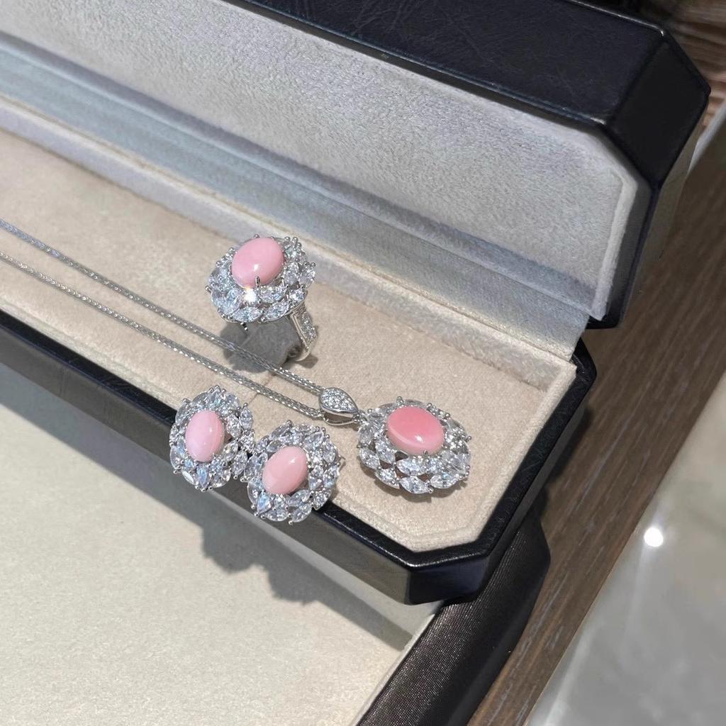 Exquisite luxury Design Zircon Sets with Pink Quartz Zircon Pendant Necklaces Earrings copper Color Rings Wedding 3 Piece Set