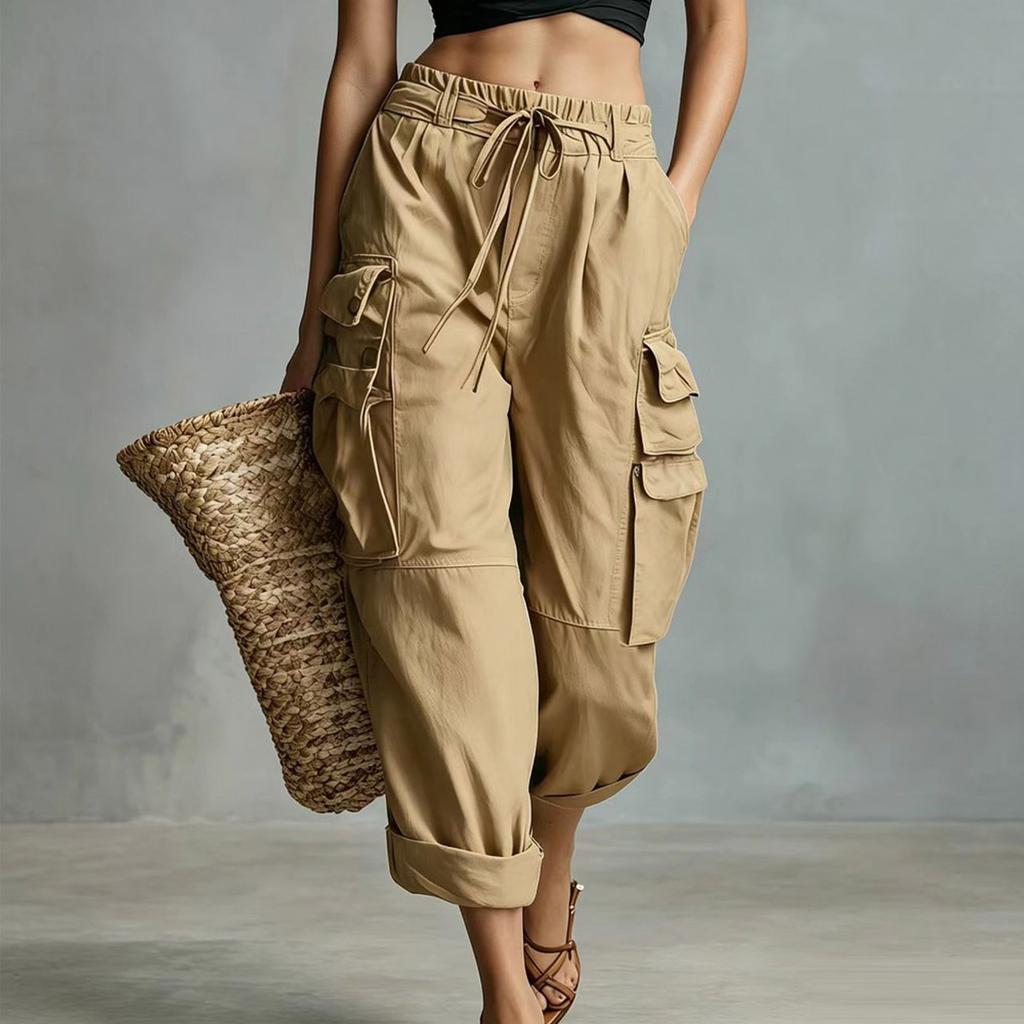 Women’s Loose Fit Straight Leg Cargo Pants with Drawstring Waist and Multiple Pockets for Casual Jogger Style Outdoor Work