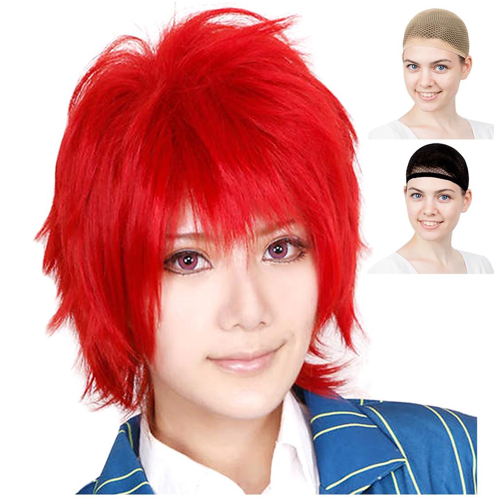CaseEden Cosplay Wig, Short, 30cm, Heat-Resistant, Deep Red, Includes 2 Wig Nets