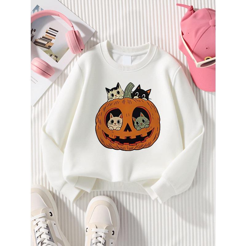Girls' Halloween Long-sleeve Sweatshirt, Round-neck Fun Print Casual Top, Kids' Autumn Clothing, Suitable for Trick-or-treat Parties and Halloween