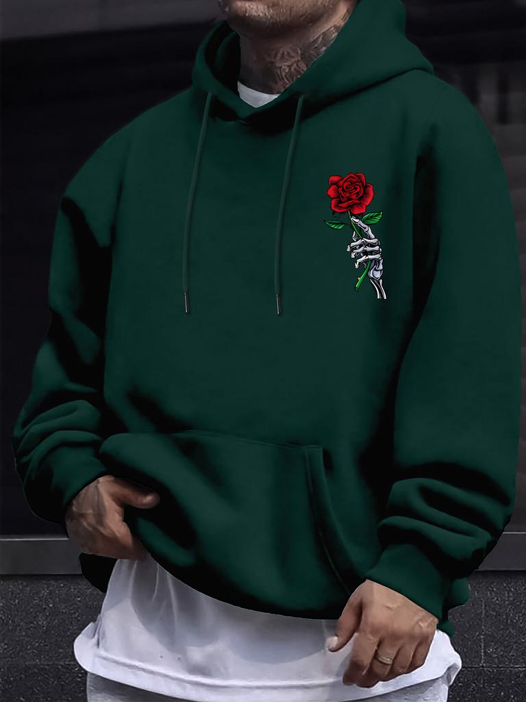 Men's Fashion Casual Streetwear for Autumn and Winter, Featuring A Warm Fleece Hoodie with A Rose Print and A Drawstring Hood.