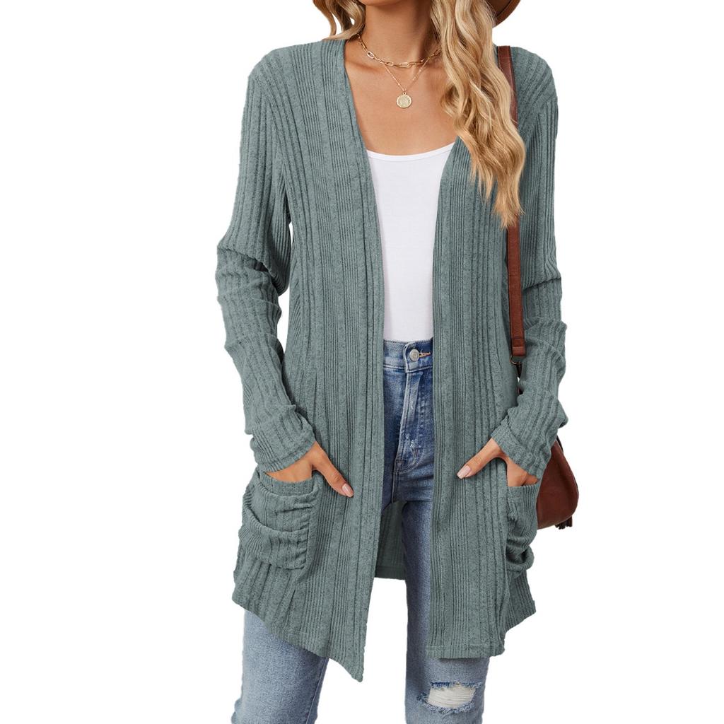 Fall Winter Women's Solid Color Ribbed Brushed Pocket Cardigan Long Sleeve Jacket, Leisure Foreign Trade for Europe America