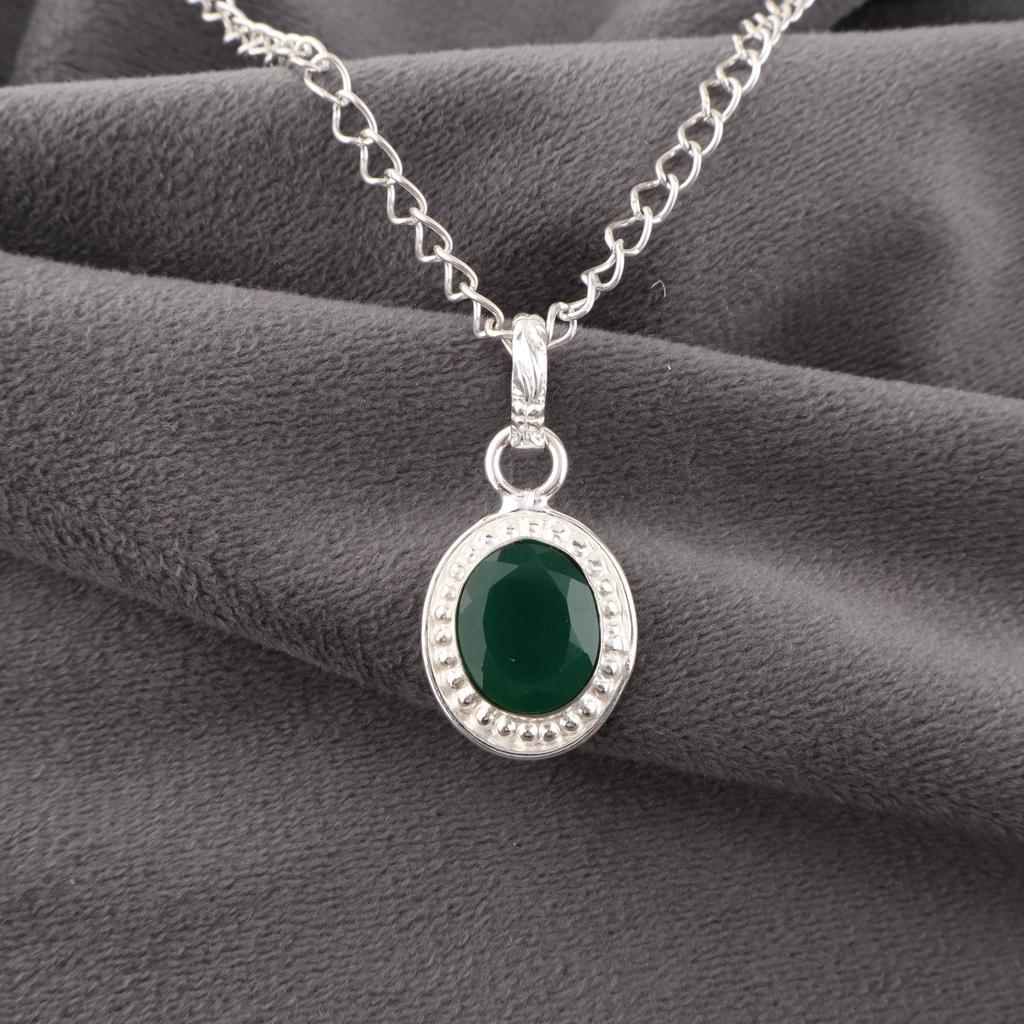 Green Onyx Pendant, 925 Sterling Silver Jewelry, Handmade Silver Chain Pendant Gemstone Jewelry Gift For Women
