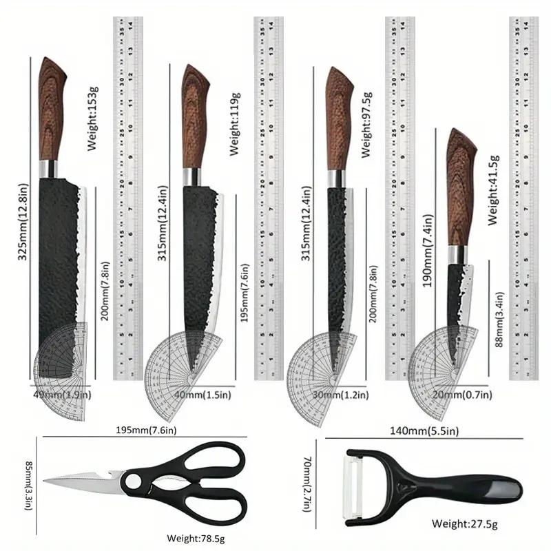 6PCS Stainless Steel Kitchen Knives Set Tools Forged Hammer Pattern Meat Cleaver Stainless Steel Chef Knife Sharp Fruit Paring Knife Gift Case
