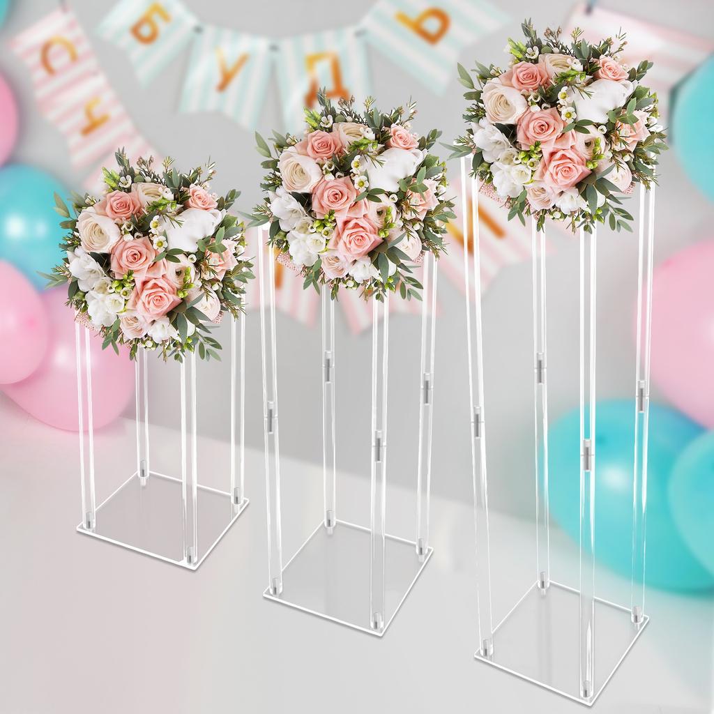 Bymaocar 3Pcs Acrylic Vase Clear Column Flower Display Rack Kit, DIY Tall Flower Stand for Parties, Events, Wedding Centerpieces