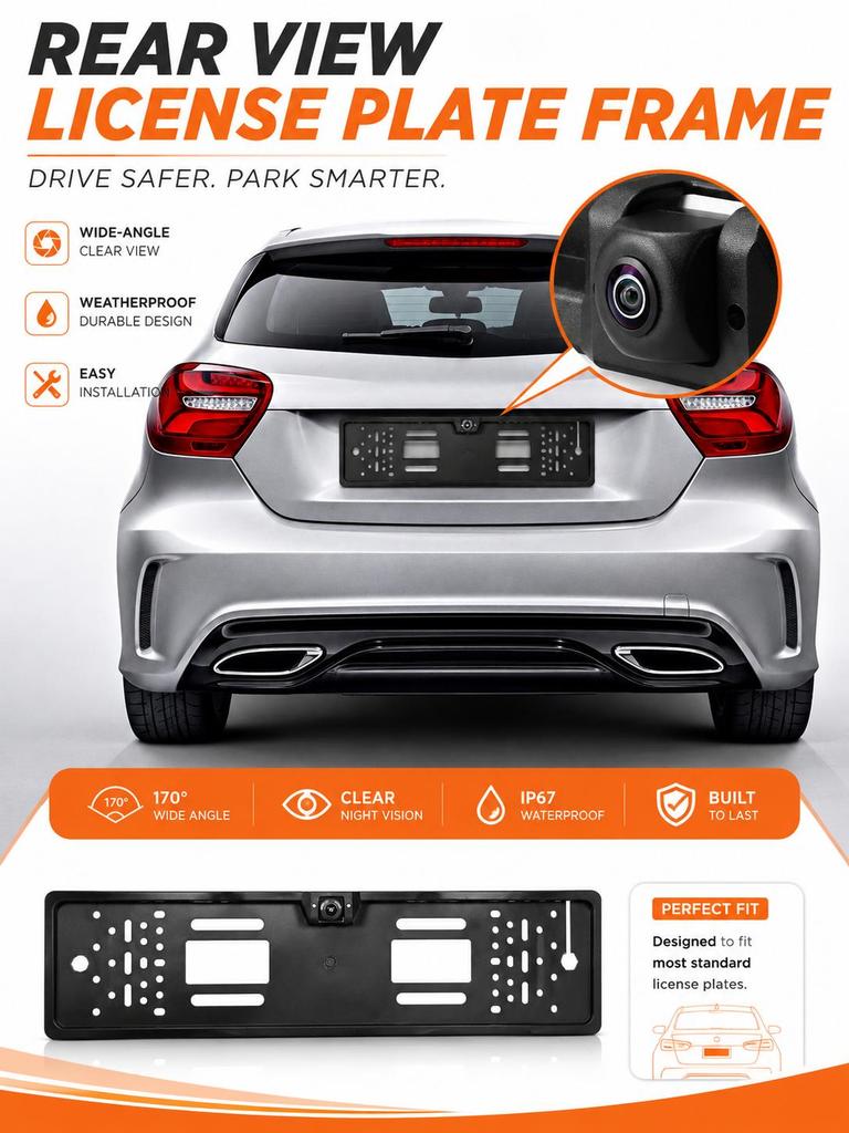 License plate frame AHD car rearview camera with angle adjustment, suitable for parking.