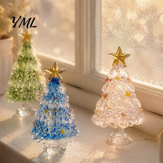 Decorative Christmas Collectibles Hand Blown Glass Tree Figurine, Mini Tabletop Seasonal Window Display Decor Xmas Ornament, Handmade Desktop Holiday