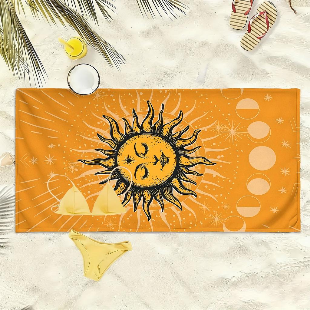 Retro Bohemian Solar System Theme Polyester Microfiber Beach Towel Is Highly Absorbent, Suitable for Swimming and Beach Outings