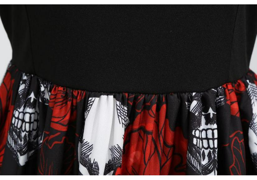 2021 Halloween Skull Print V-Neck Burnout Long-Sleeve Flared Dress with Ribbon