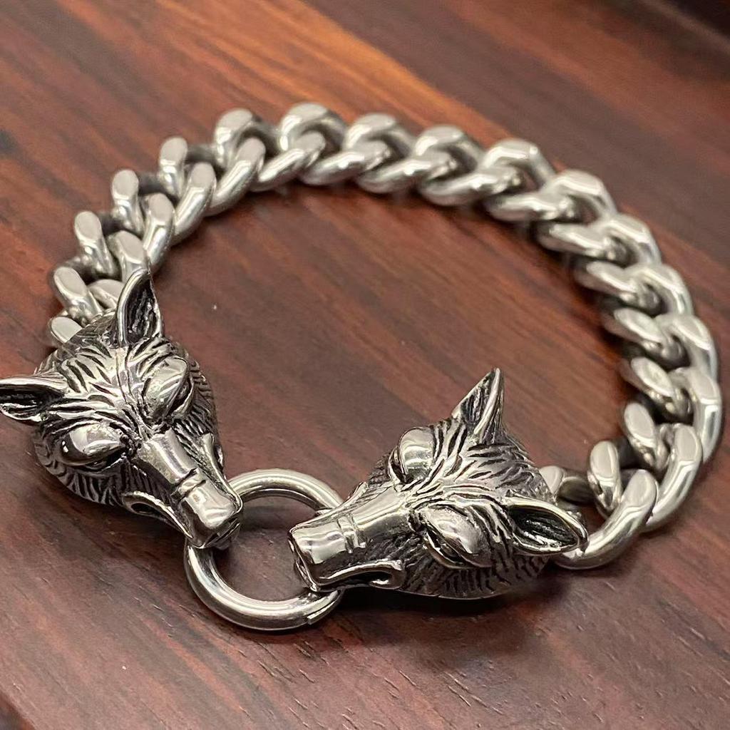 Nordischer Wolfskopf Edelstahl Herren Hip-Hop Armband