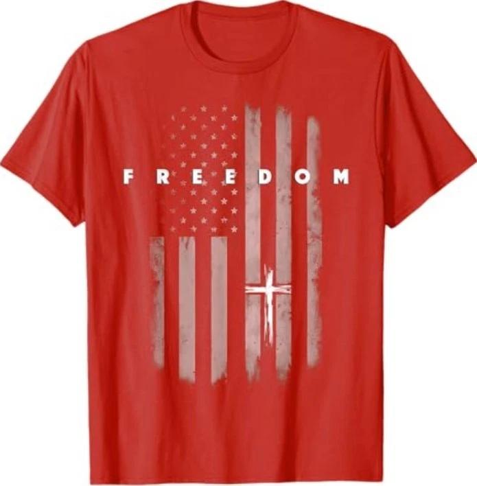 Grunge American Flag and Cross Faith Family Freedom T-Shirt L