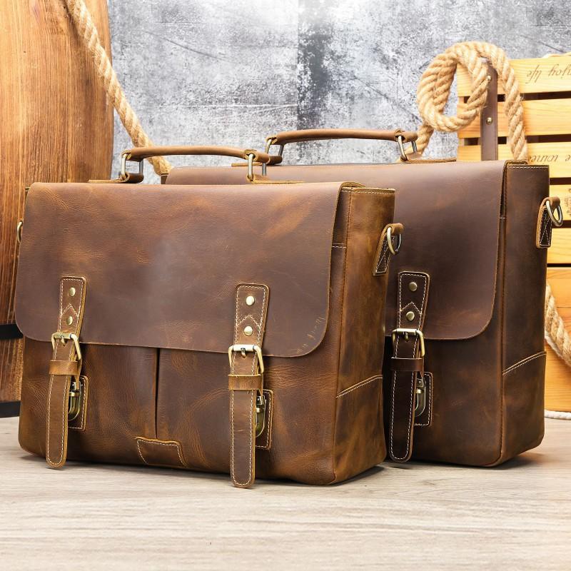 Crazy Horse Leather Business Briefcase High-end Minimalist Mailman Bag Genuine Retro Laptop