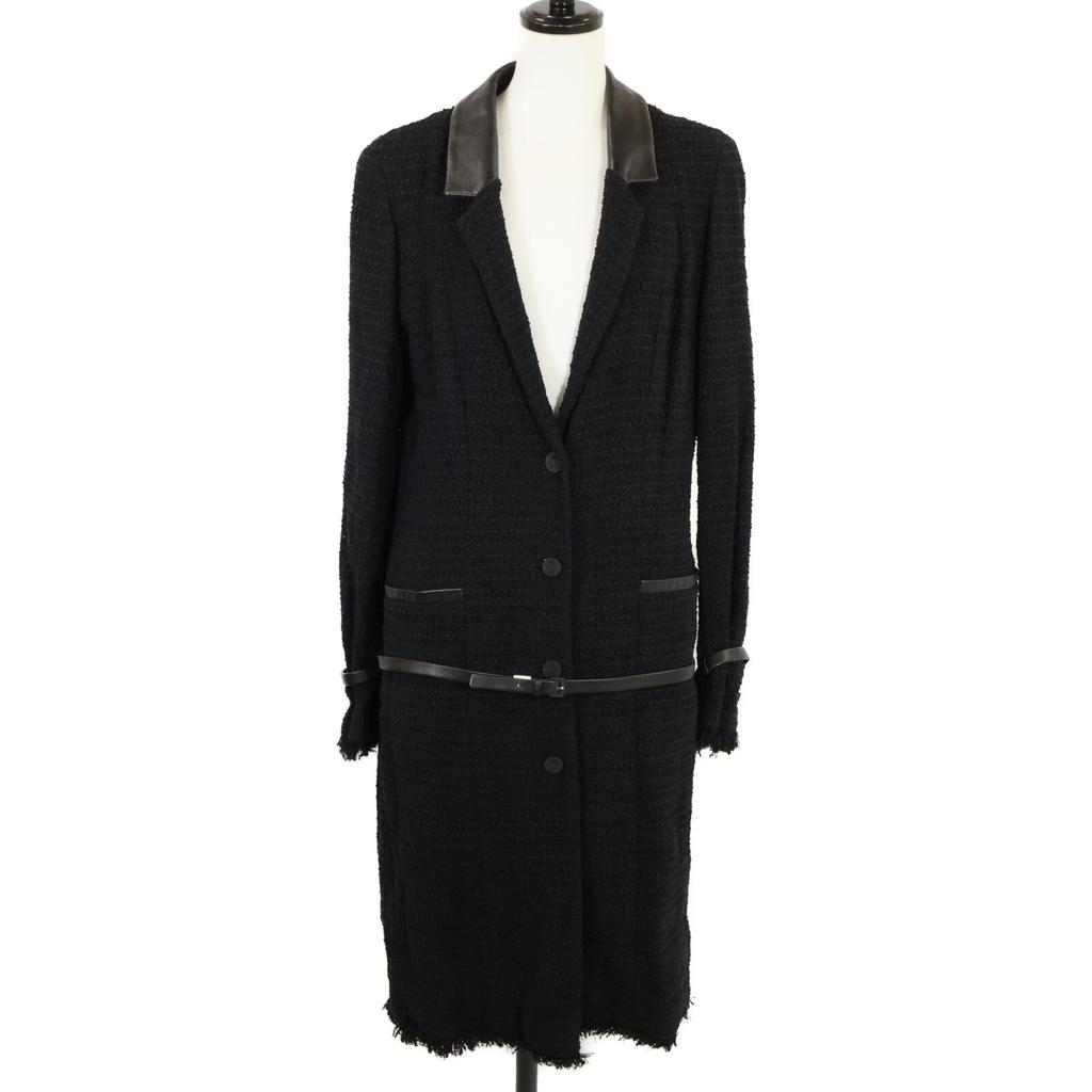 CHANEL [Good condition/domestic regular] 04A P23818V14065 Leather collar with belt Tweed coat 38 blackUsed