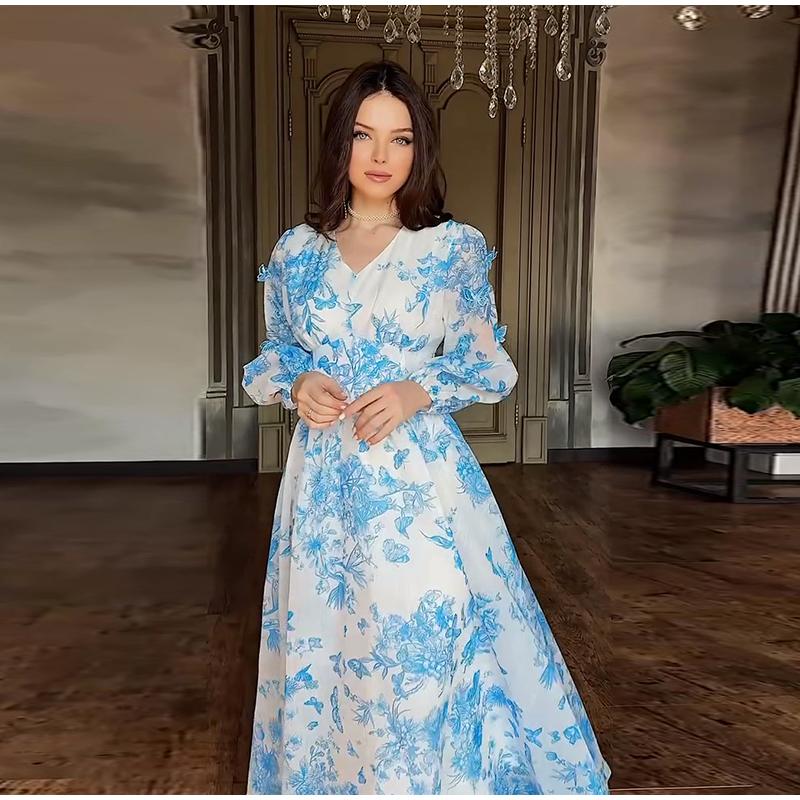 Women's Printed Long Hem Dress with V-neck and Irregular Strap Design Casual Waist Cinching Versatile and Elegant Women's Dress for Daily Wear