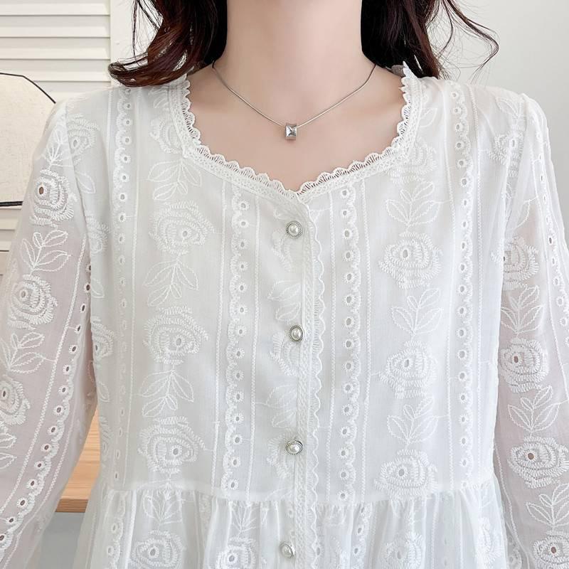 Elegancka Moda Damska Koronkowa Koszula Nowy Kwadratowy Kołnierzyk Luźny Haft Długi Rękaw Bluzka Panie Plus Size Wiosna Jesień Szydełkowa Casualowe Topy
