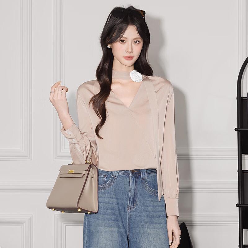 Elegant V-Neck Long Sleeve Blouse with Ribbon Detail XL