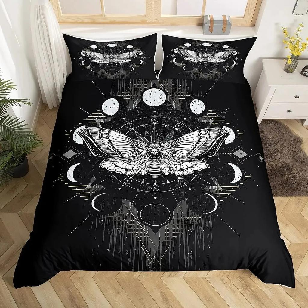 Boho Gothic Skull Bedding Set Death Moth Duvet Cover Set King Queen Full Twin Size Galaxy Sun And Moon Polyester Comforter Cover