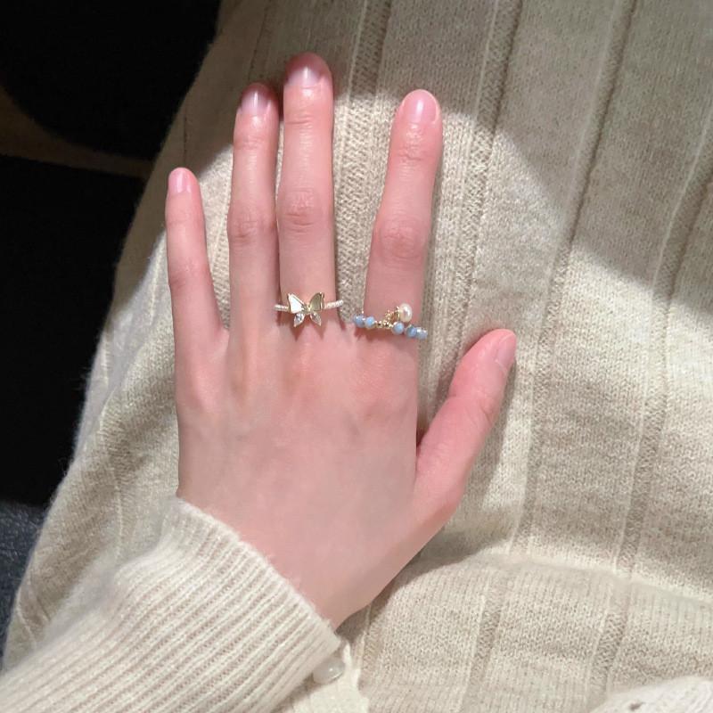 High-end Adjustable Butterfly Camellia Pearl Ring For Women In Trendy Geometric Style