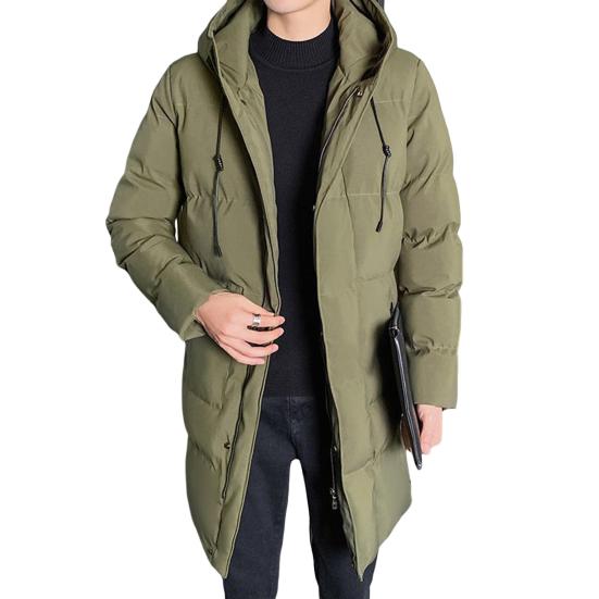 Men Cotton Coat Hooded Drawstring Long Sleeve Full Zipper Closure Cotton Jacket with Side Pockets Solid Color Mid-length Winter Outwear