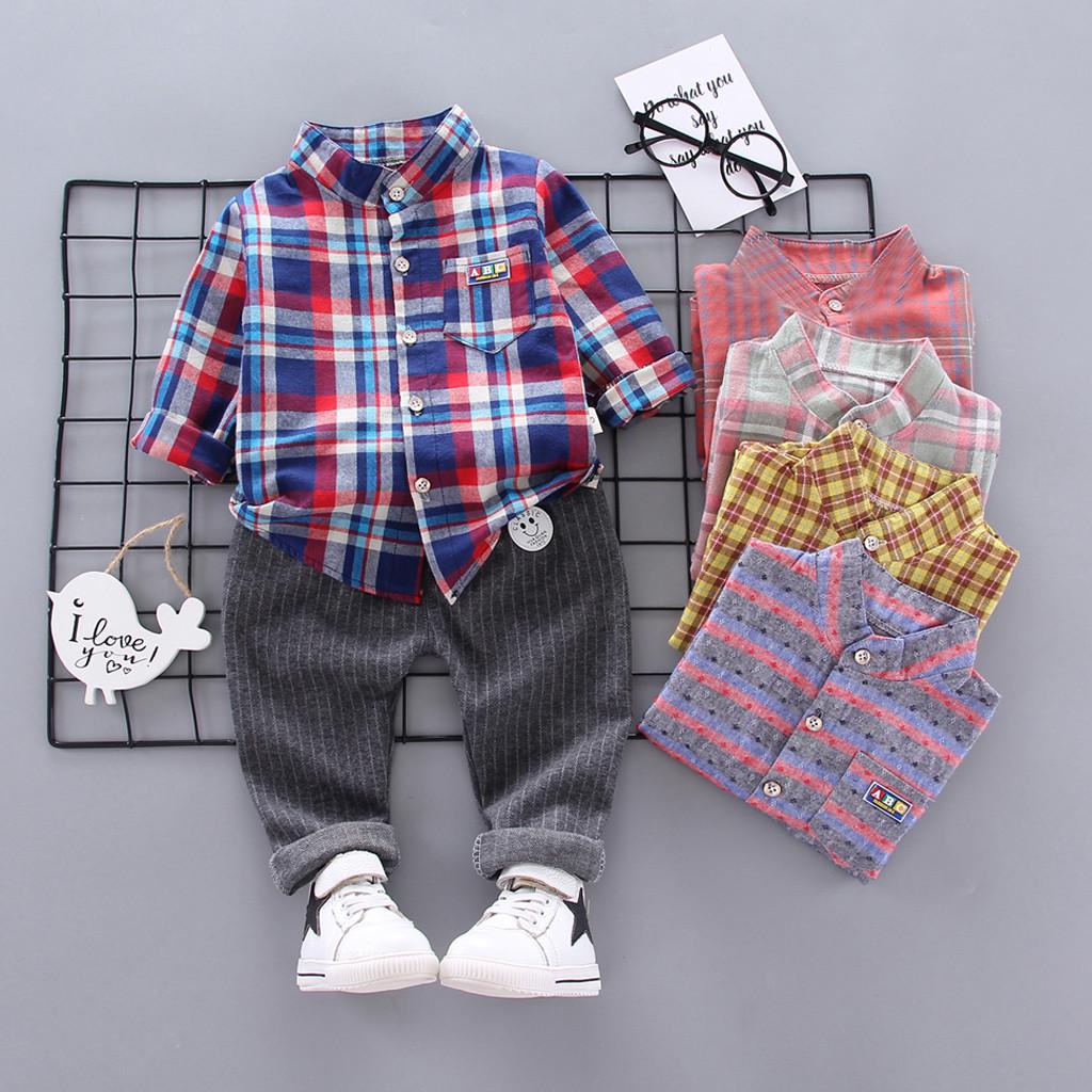 Toddler Baby Kids Boys Gentleman Stripe Top T-Shirt Plaid Trousers Pants Set