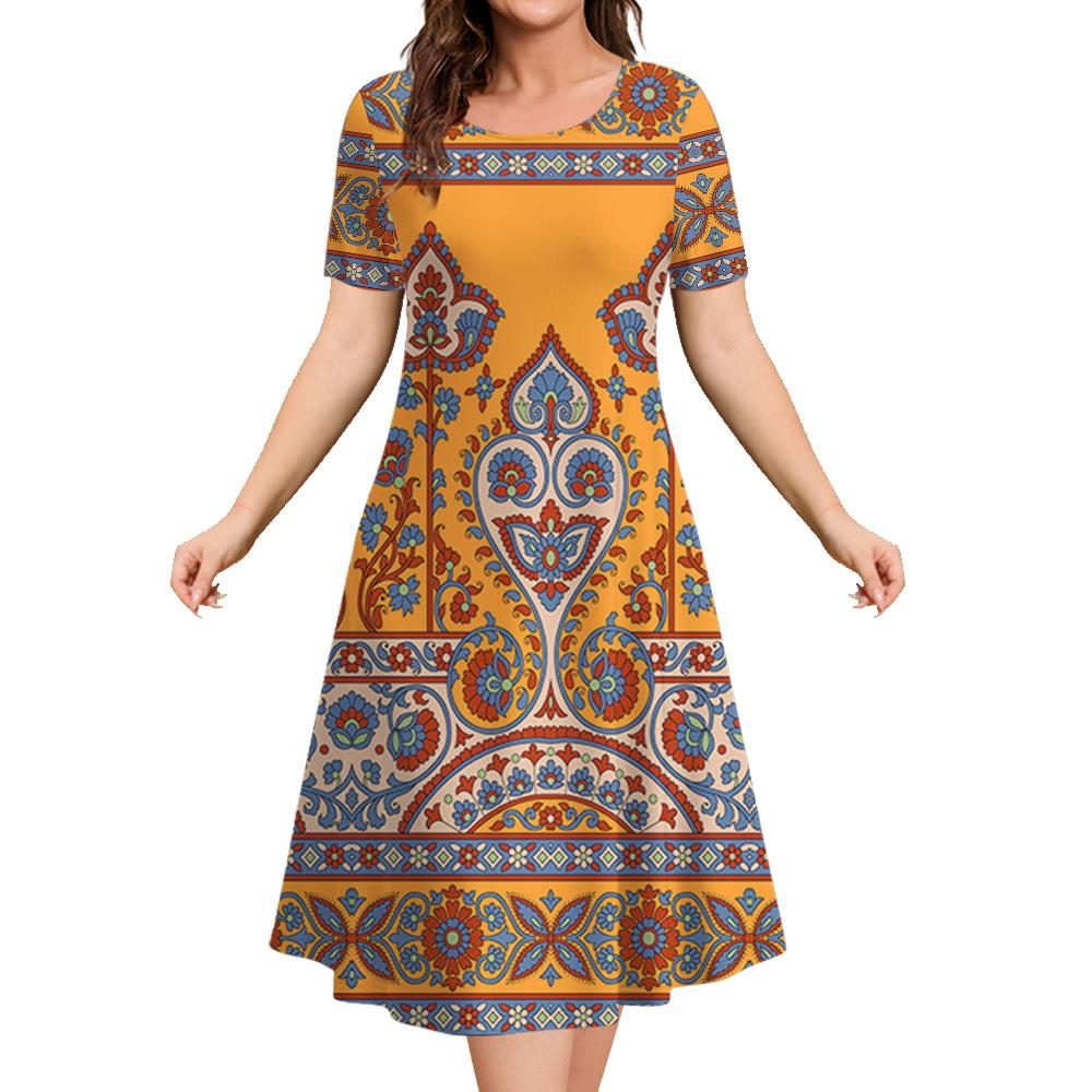 Ethnic Style Women's A-line Skirt Summer Fashion Casual Dress Flower Clothes Ladies Loose Casual Round Neck Dress