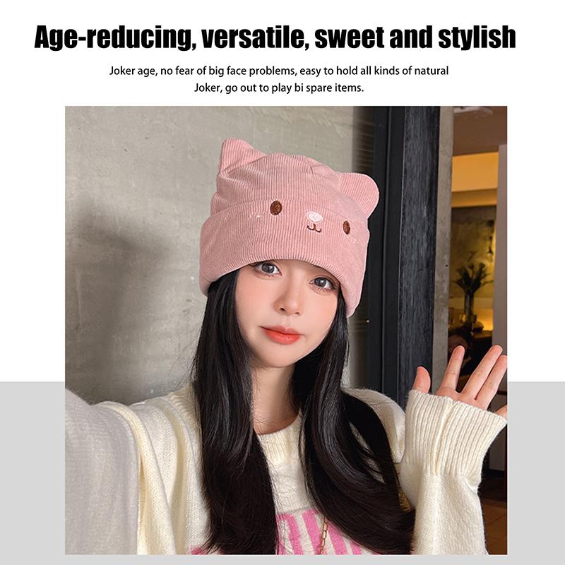 Cute Cat Embroidered Knitted Hat Outdoor Warm Ear Protection Cat Ears Wool Cap Over Head Cold Cap Street Beanies Cap Penny Cap