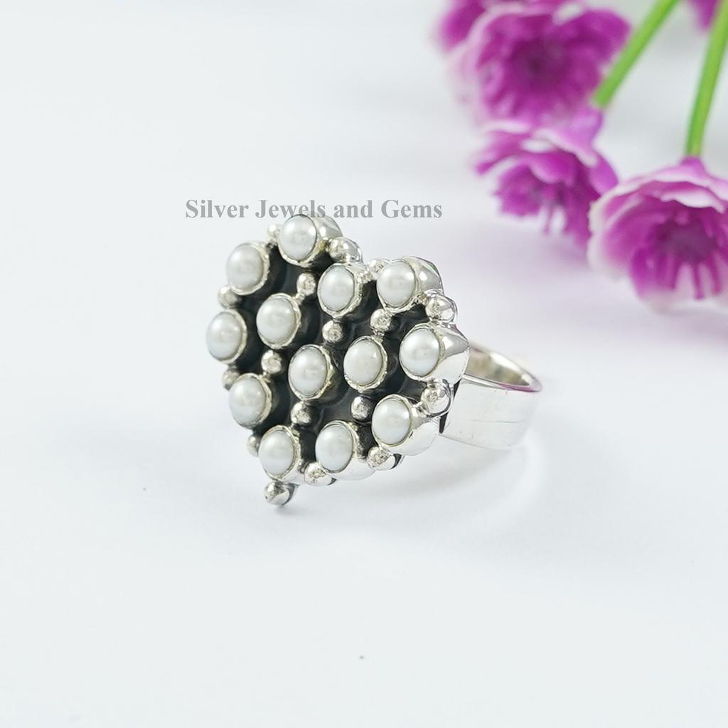 Handmade Sterling Silver Heart Ring, Freshwater Pearl Cluster Ring