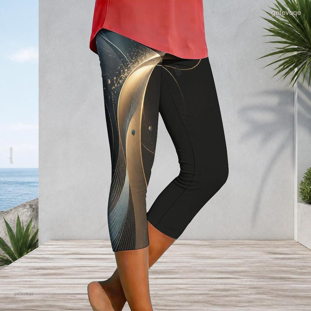 Women Plus Size Capri Length Leggings Abstract Pink Purple Gradient Sunset Print High Waist Stretchy Yoga Pants For Casual Workout Daily Wear
