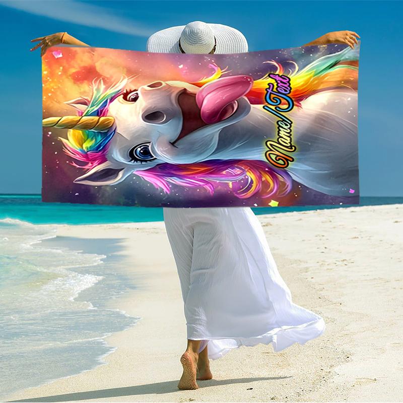 1PC Custom Name Rainbow Unicorn Fantasy Beach Towel Highly Absorbent And Sand-Resistant Towel for Swimming, Pool, Yoga, And Travel Lightweight