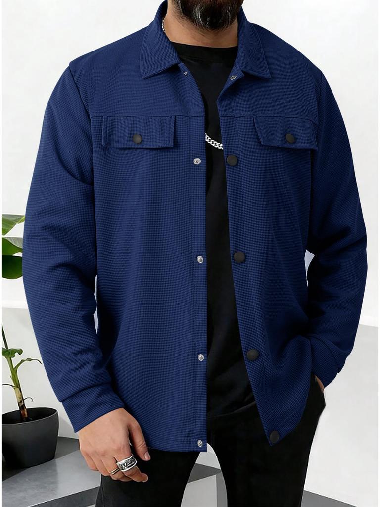 Men's Autumn Waffle Texture Solid Color Long Sleeve Jacket with Pocket