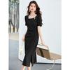 26 Year New Summer Pleated Waist Slimming and Slimming Mid Length Skirt Versatile and Elegant Slit Short Sleeved Skirt Dress