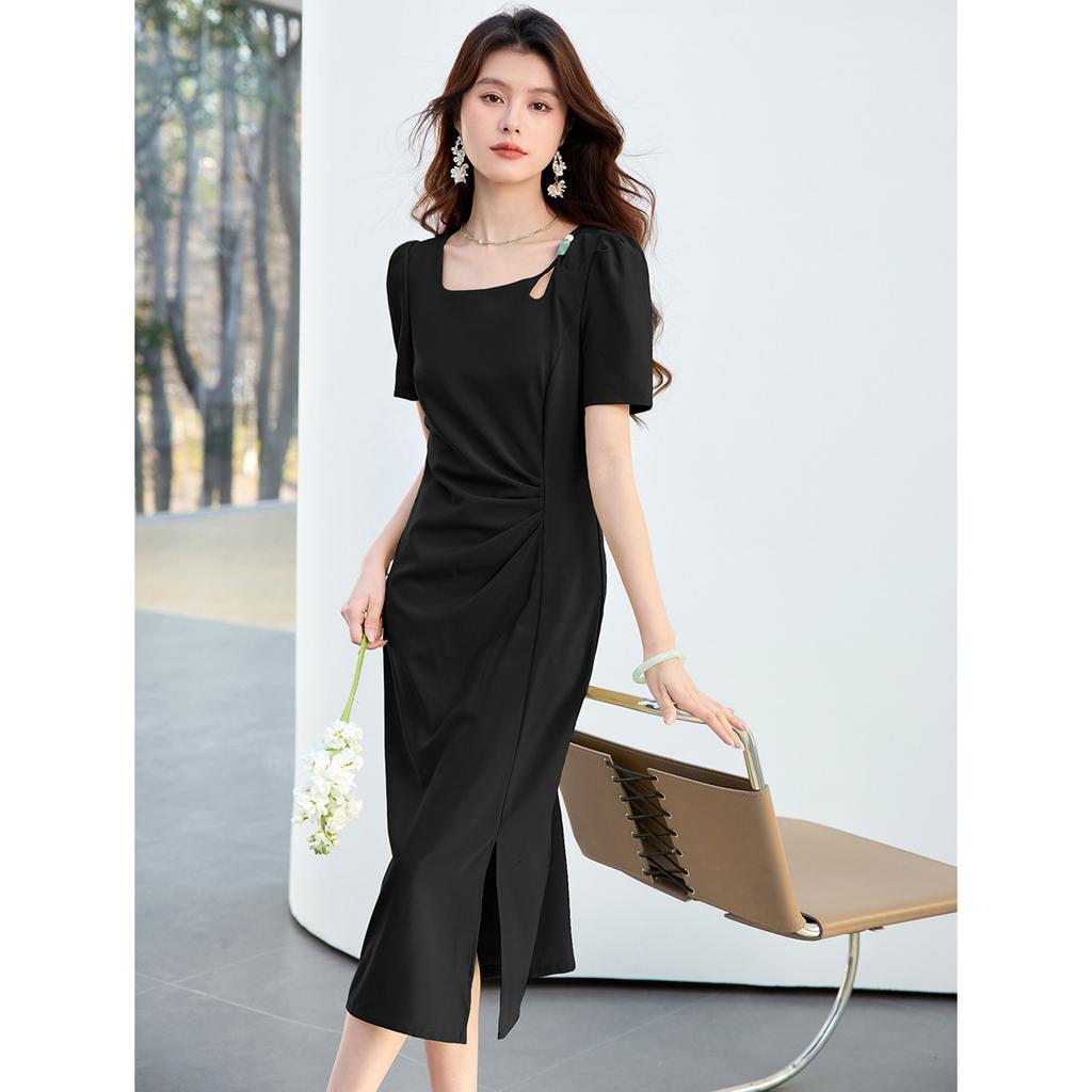 26 Year New Summer Pleated Waist Slimming and Slimming Mid Length Skirt Versatile and Elegant Slit Short Sleeved Skirt Dress