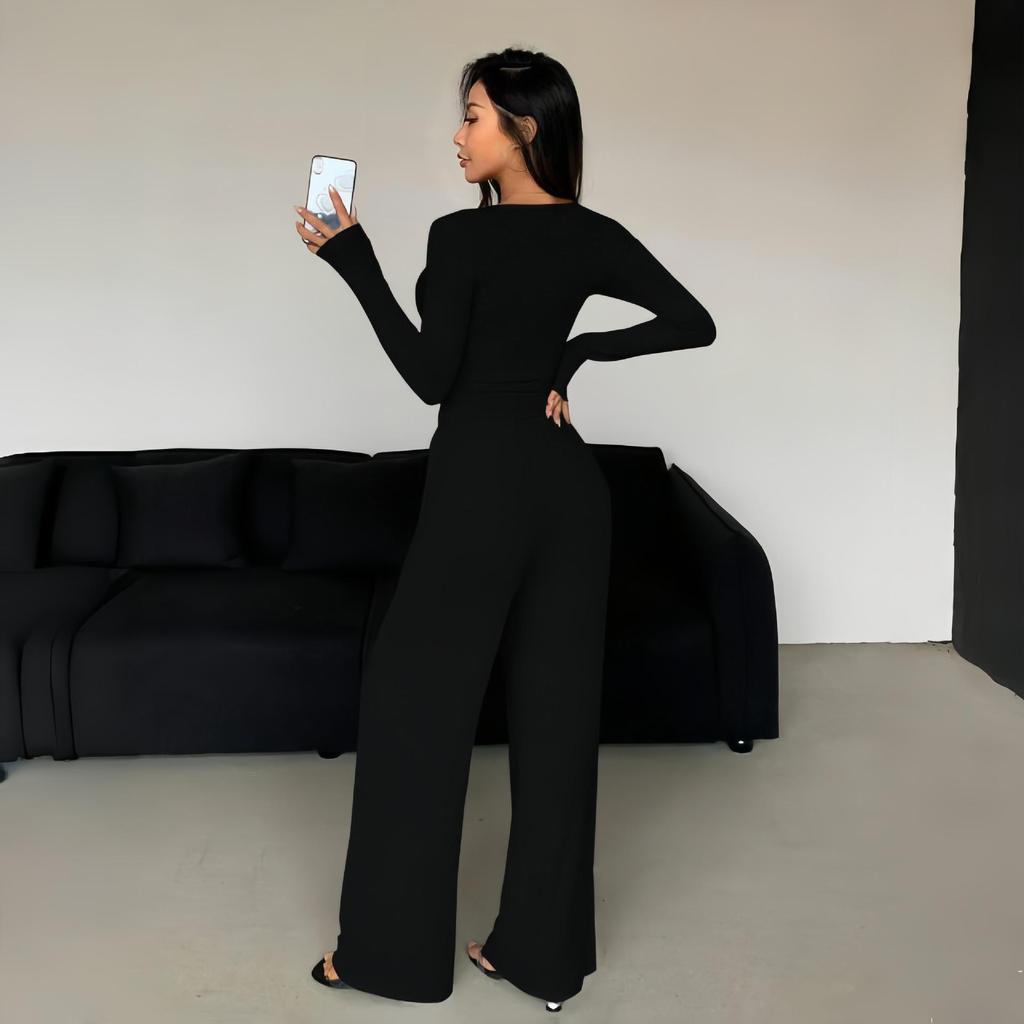 Autumn/Winter Slimming V-neck Wide Leg Long Sleeve Women's Jumpsuit Set