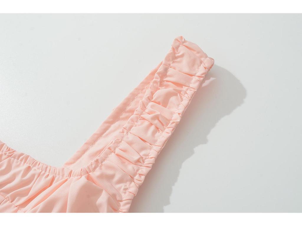 Vestido de noche rosa de estilo europeo y americano con volantes, escote cuadrado y talle alto para mujer.