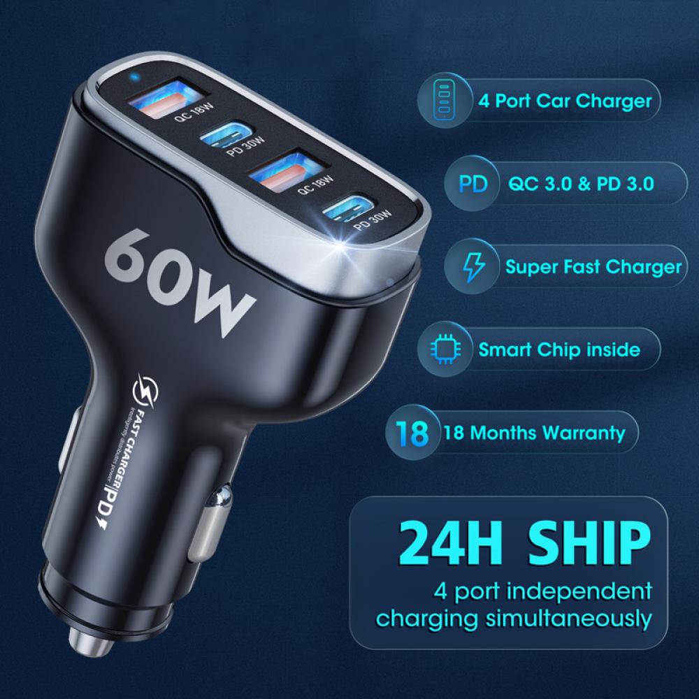 

Eluogh 4 порта 96 Вт USB автомобильное зарядное устройство Type C Быстрая зарядка телефона Адаптер зарядного устройства в автомобиле для iPhone 13 Xiaomi Huawei P40 P50 Samsung