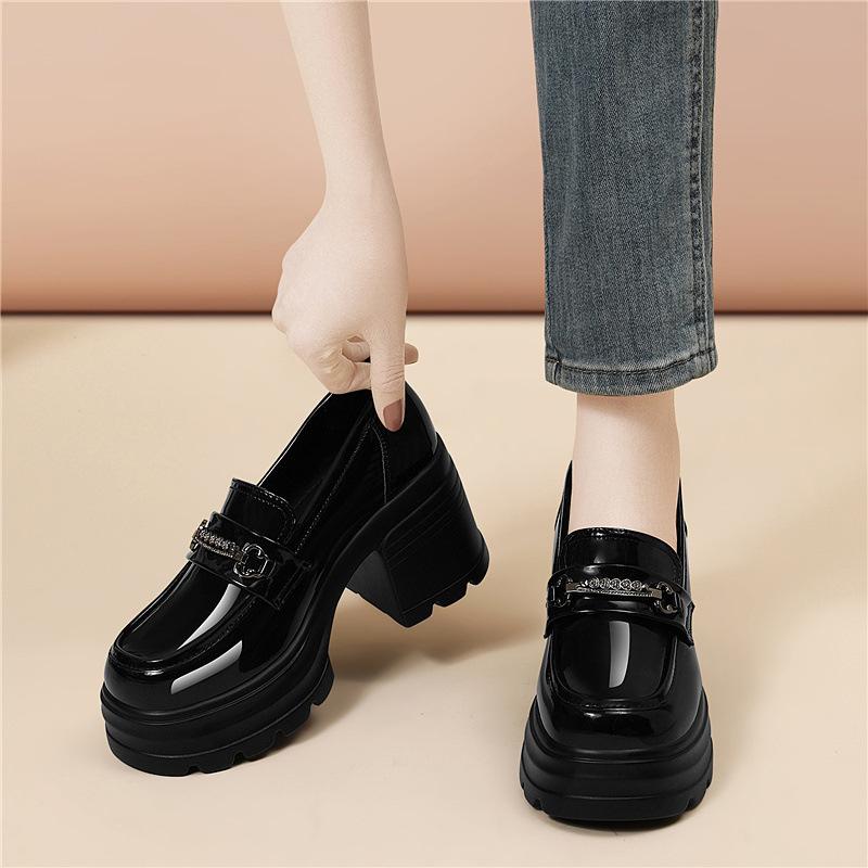 Black loafers retro British style uniform single shoes women's platform cm one pedal glossy versatile leather shoes women's shoes