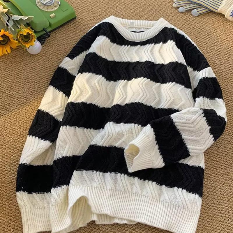 Men's Retro Striped Crew Neck Sweater - Autumn/Winter Loose Fit Knitwear in Plus Size